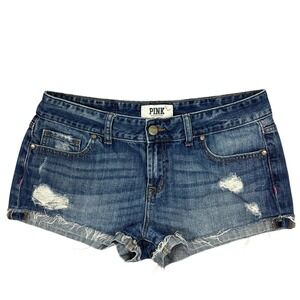 PINK Victoria's Secret Denim Shorts 8 Blue Distressed Low Rise Raw Hem Y2K Indie